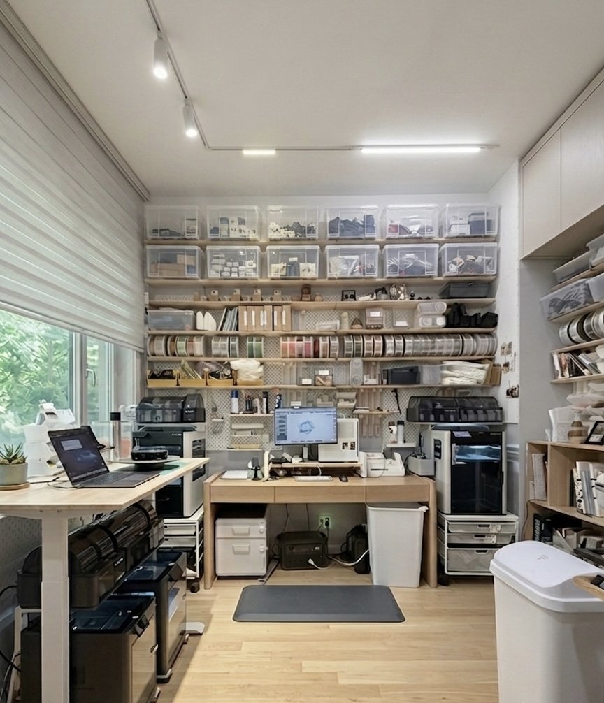 YEKMAKES home studio — print farm, CAD workstation, and material library